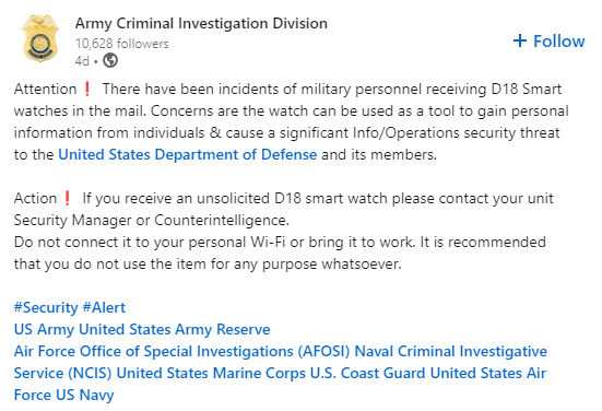 Alert on LinkedIn by the  Army Criminal Investigation Division
