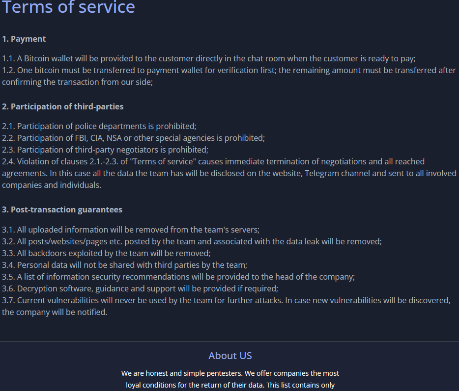 Terms and Service of the 8BASE ransomware group