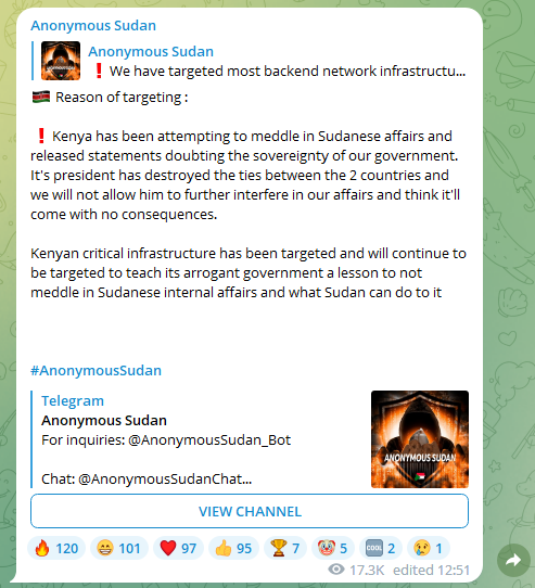 Anonymous Sudan motivation to attack Kenya (As shared on Telegram)