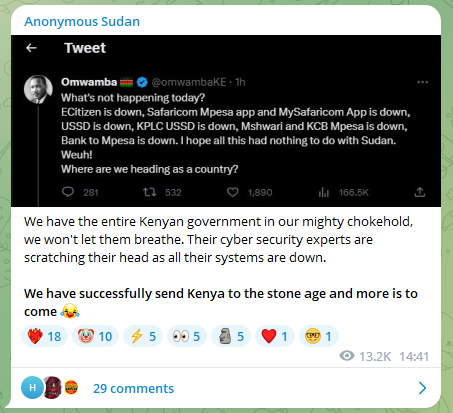 Anonymous Sudan bold statement on Telegram