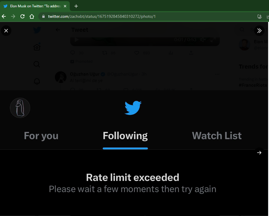 Twitter account showing rate limit warning on Twitter.