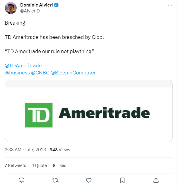Cl0p Ransomware attack on TD Ameritrade | Tweet by @AlvieriD