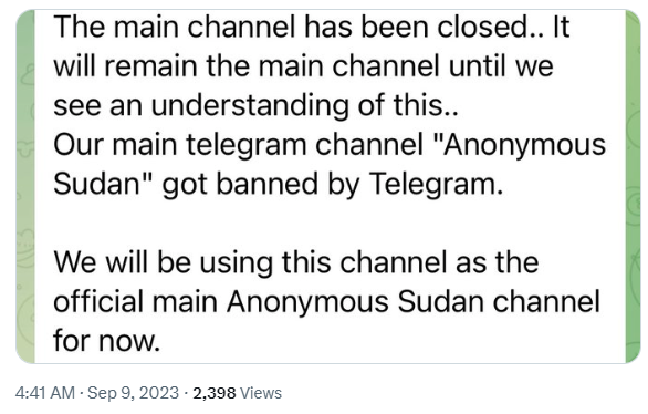Anonymous Sudan Telegram channel closed
