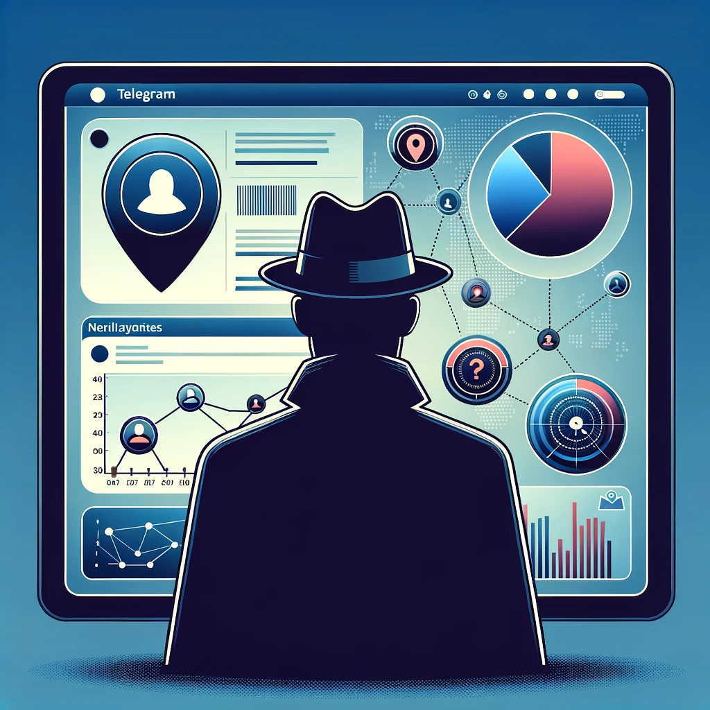 Vector illustration of a modern investigator, represented as a silhouette, interacting with a large touch screen. The screen showcases the Telegram interface on one side