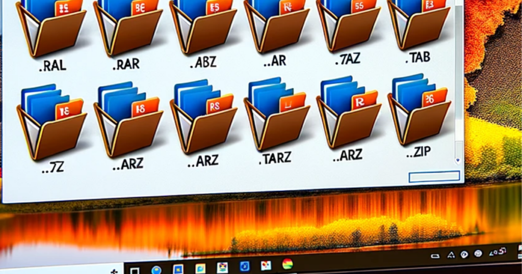 Photo of a Windows 11 desktop screen with the file explorer opened. On the screen, several file icons are visible representing different archive formats like .rar, .7z, .tar.gz, and .zip.