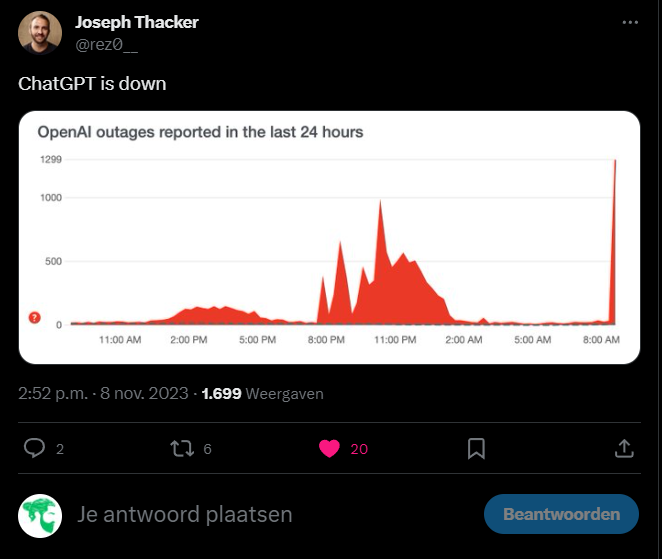 Joseph Thacker on Twitter sharing that ChatGPT is down