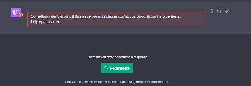 Error message prompting ChatGPT users something went wrong. 
