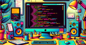 illustration of a web developer's workspace in vibrant colors.